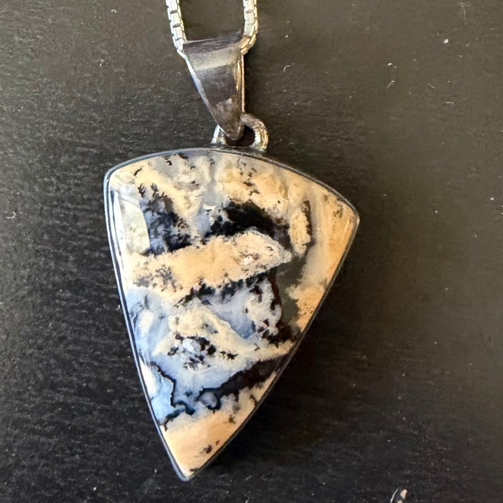 Sterling Silver Dendritic‎ Agate Pendant Necklace 925 Italy Box Chain Triangle